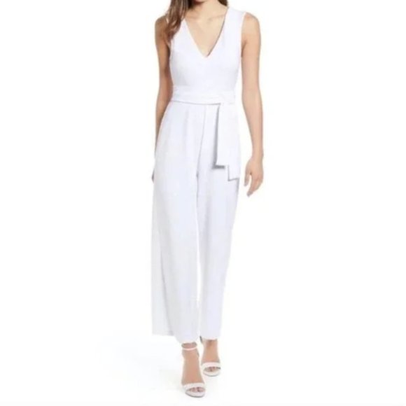 Leith Pants - Leith LARGE White V-Neck Sleeveless Belted Jumpsuit lq361